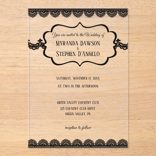 Schwarze Spitzen auf klarem, maßgeschneidertem Hoc Acryleinladungen (Vorderseite)