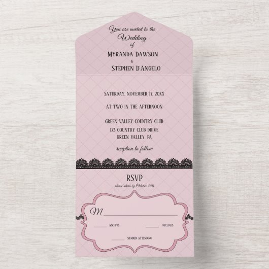 Schwarze Spitzen auf sanft rosa Braut All In One Einladung (Innen Boden)