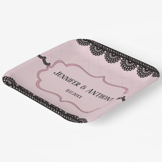 Schwarze Spitzen auf sanft rosa Braut Pappteller (Gewinkelt)