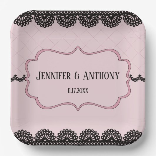 Schwarze Spitzen auf sanft rosa Braut Pappteller (Vorderseite)