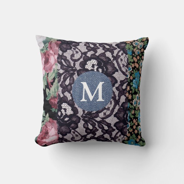 Schwarze Spitzen-Bläschen mit Denim Monogram Kissen (Vorderseite)