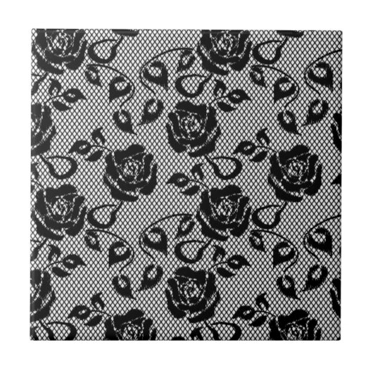 Schwarze Spitzen-Fishnet-Keramik mit Rose Fliese (Vorderseite)