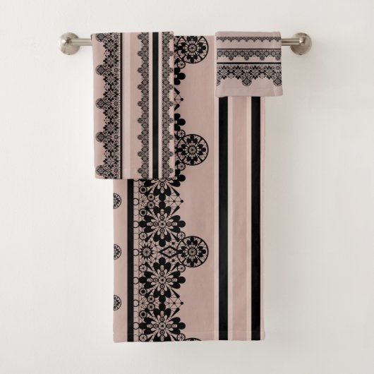 Schwarze Spitzen, offene Arbeiten, brauner Hinterg Badhandtuch Set (Insitu)