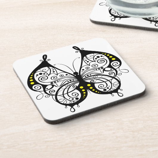 Schwarze Spitzen-Schmetterlinge 5 Getränkeuntersetzer (Linke Seite)