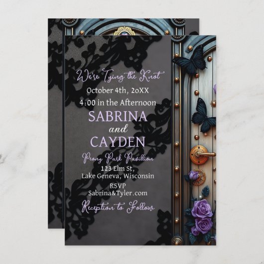 Schwarze Spitzen, Schmetterlinge und Lila Rose Hoc Einladung (Vorne/Hinten)
