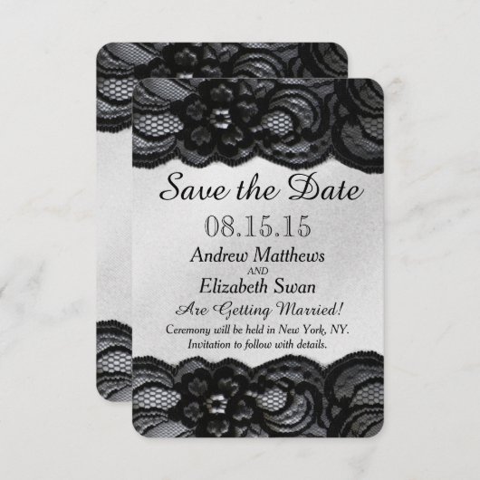 Schwarze Spitzen und Satin Save the Date (Vorne/Hinten)