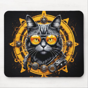 Schwarze Steampunk-Katze mit orangefarbener Brille Mousepad