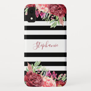 Schwarze Streifen Burgundi Floral Watercolor Monog Case-Mate iPhone Hülle