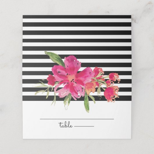 Schwarze Streifen | Fuchsia-Blume Hochzeit Platzkarte (Außenseite Aufgefaltet)