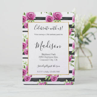 Schwarze Streifen Geburtstag mit rosa Blumen Einladung