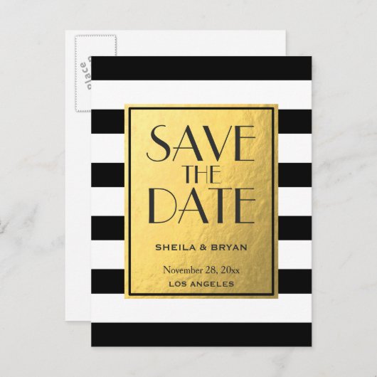 Schwarze Streifen Gold Foil Save the Date Postkart Ankündigungspostkarte (Vorne/Hinten)