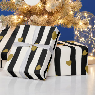 Schwarze Streifen Goldenes Herzklopfpapier Geschenkpapier
