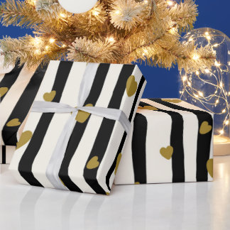 Schwarze Streifen Goldenes Herzklopfpapier Geschenkpapier