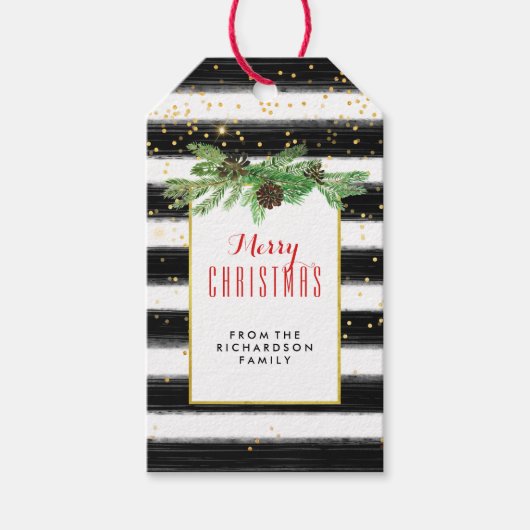 Schwarze Streifen mit goldenen Confetti und Kiefer Geschenkanhänger (Vorderseite)