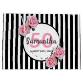 Schwarze Streifen Pink Flora Monogramm Große Geschenktüte (Rückseite)
