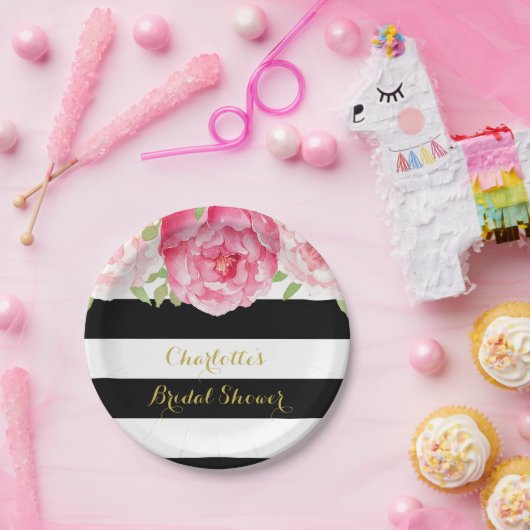 Schwarze Streifen Rosa Brautparty-Platte Pappteller (Party)