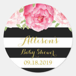 Schwarze Streifen Rosa Florales Babyshower-Geschen Runder Aufkleber