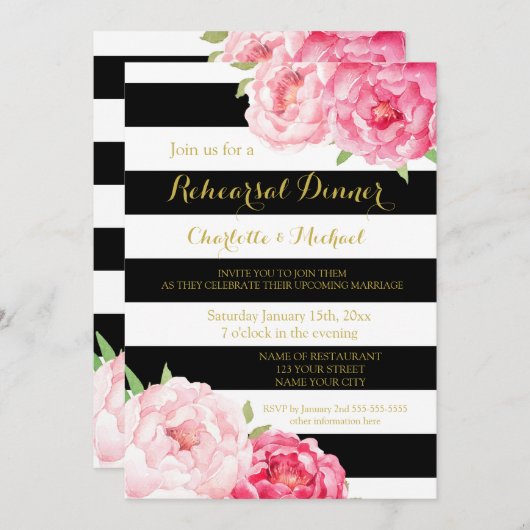 Schwarze Streifen Rosa Probe Abendessen Party Einladung (Vorne/Hinten)