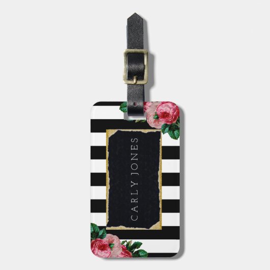 Schwarze Streifen und BlumenGepäckanhänger Gepäckanhänger (Vorderseite vertikal)