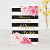 Schwarze Streifen und rosa Blume Happy 40. Geburts Karte (Gelbe Blume)