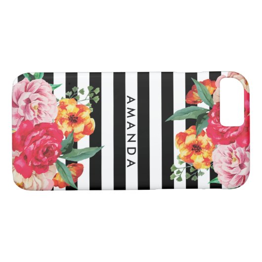 Schwarze Streifen Wasserfarbene Peony Blume IHRER Case-Mate iPhone Hülle (Rückseite (Horizontal))