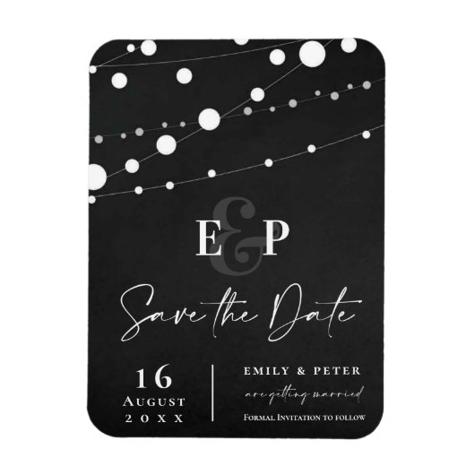 Schwarze String-Lichter Monogram-Hochzeit speicher Magnet (Vertikal)