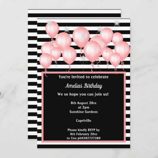 SCHWARZE STRIPE PINK 2 BALLOON GEBURTSTAG EINLADUNG (Vorne/Hinten)