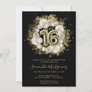 Schwarze Sweet 16 Gold Wasserfarbballons Einladung