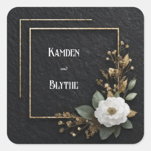 Schwarze Tafel Goldfolie Weiße Blume Elegante Hoch Quadratischer Aufkleber