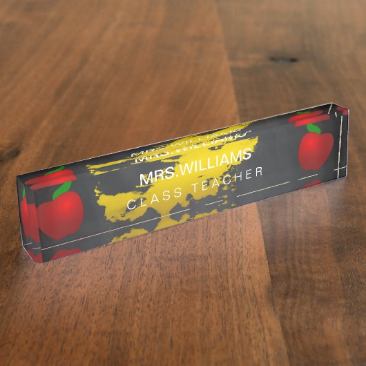Schwarze Tafel Schullehrer-rote Apples Namensplakette (Seite)