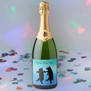 Schwarze tanzende Party-Bären mit Hüten Helle Ster Schaumweinetikett