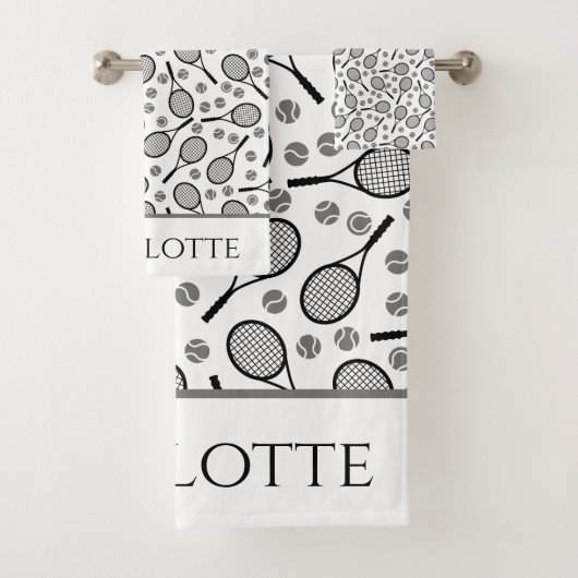 Schwarze Tennisschläger und graue Bälle, individue Badhandtuch Set (Insitu)