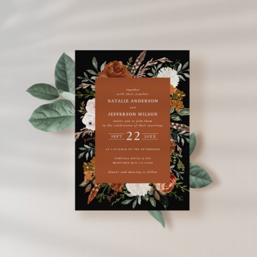 Schwarze Terracotta floral elegante moderne invi Einladung