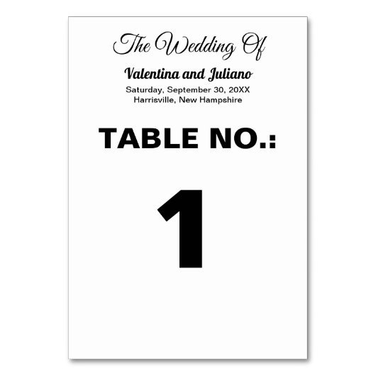 Schwarze Texte auf weißer Hintergrundhochzeit Tischnummer (Vorderseite)