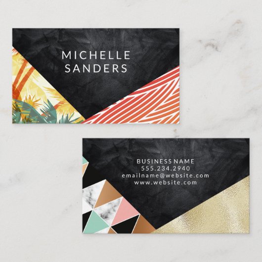 Schwarze Textur | Boho Geometric Palm Visitenkarte (Vorne/Hinten)
