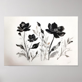 Schwarze Tinte in Aquarellfarben - Blume Poster