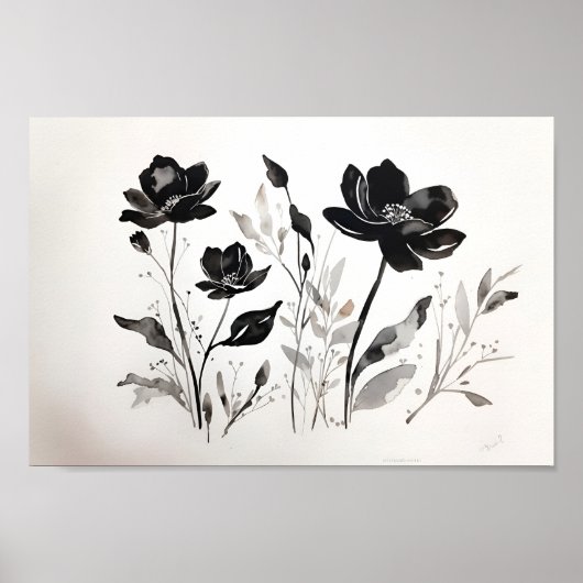 Schwarze Tinte in Aquarellfarben - Blume Poster (Vorne)