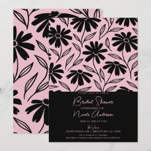 Schwarze Tinten-Gänseblümchen Rosa Boho-Brautparty Einladung