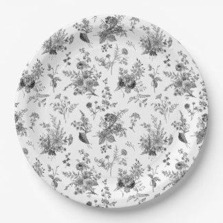 Schwarze Toile De Jouy Vintage Floral Chinoiserie Pappteller