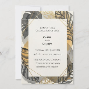 Schwarze tropische Blatt-Hochzeit in Gold Einladung