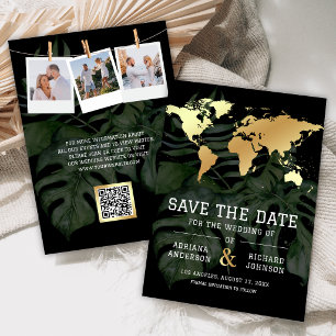 Schwarze tropische Hochzeitsweltkarte Goldene Hoch Save The Date
