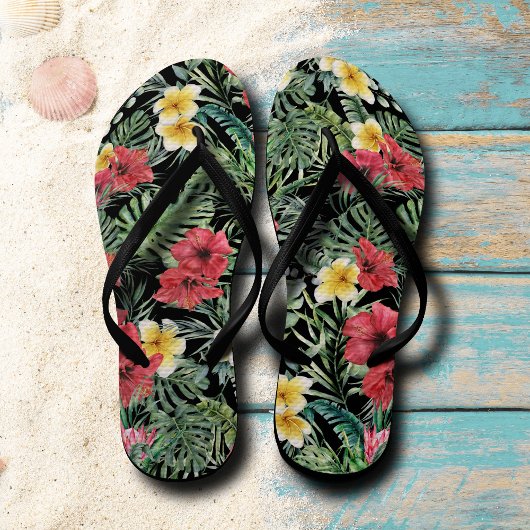 Schwarze tropische Muster Flip Flops Badesandalen