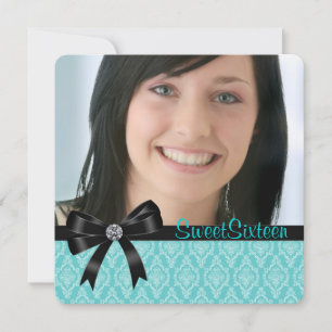 Schwarze Türkisblaue Damast Sweet Sixteen Party Einladung