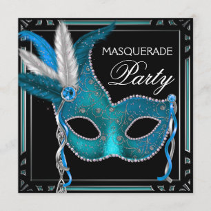 Schwarze Türkisblaue Masken-Maskenball-Party Einladung