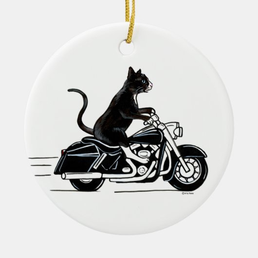 Schwarze Tuxedo-Katze auf Motorrad Keramik Ornament (Vorne)