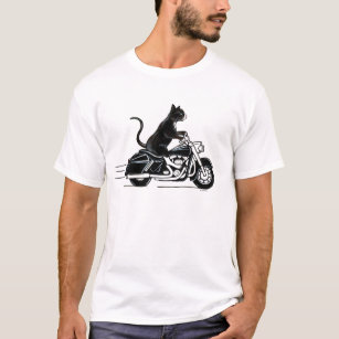 Schwarze Tuxedo-Katze auf Motorrad T-Shirt