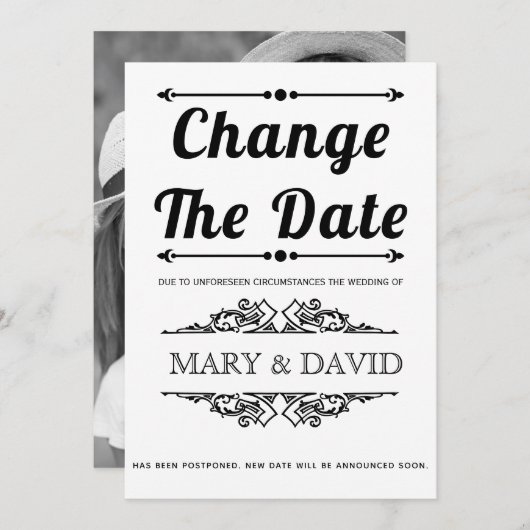 Schwarze Typografie Ändern Sie das Datum Ankündigu Save The Date (Vorne/Hinten)