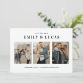 Schwarze Typografie Drei FotoCollage Save The Date (Stehend Vorderseite)