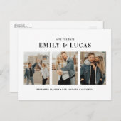 Schwarze Typografie Drei FotoCollage Save the Date Ankündigungspostkarte (Vorne/Hinten)