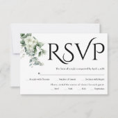 Schwarze Typografie, Eukalyptuszweig, weiße Blume RSVP Karte (Vorderseite)